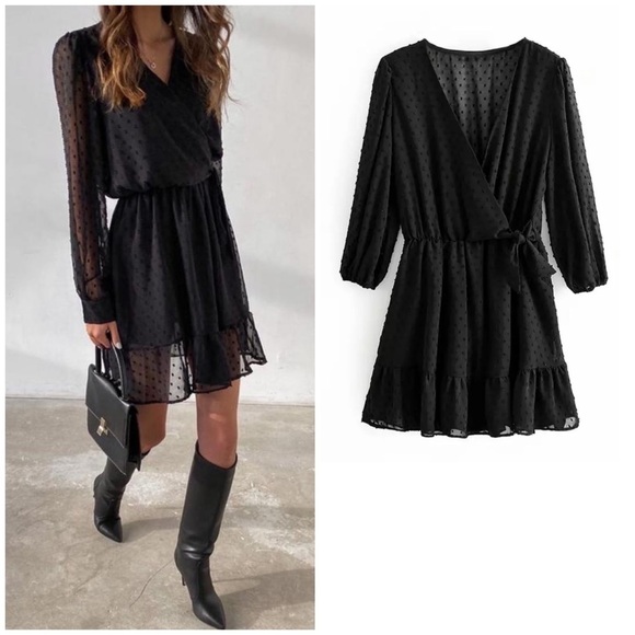 Black SwissDot Side Tie Ruffle Mini Jumpsuit Dress - Picture 3 of 13